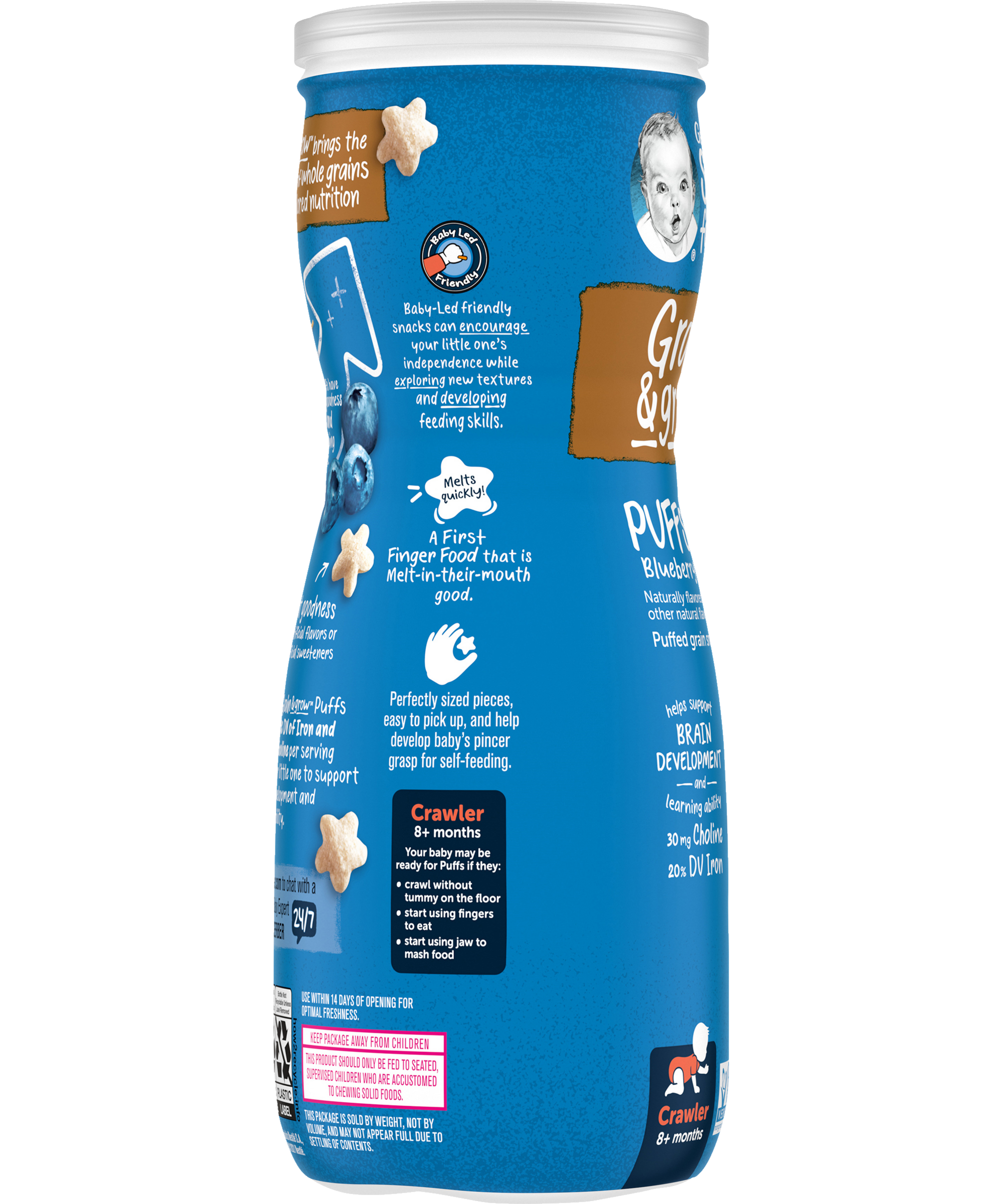 Gerber Grain & Grow Blueberry Puffs – Whole Grain Baby Snack with Iron, Vitamin E & Zinc – No Artificial Flavors – 8+ Months – 42g (1.48 oz) - MINIMEE KIDS