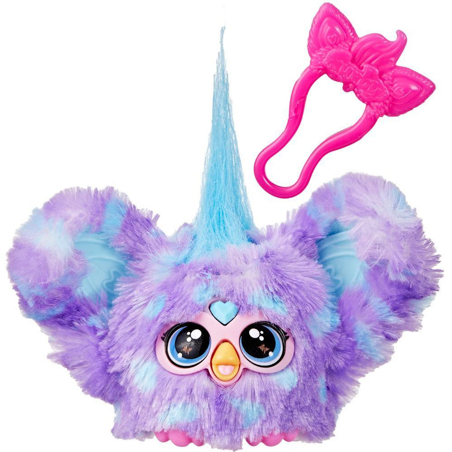 Colorful fluffy toy with a pink bow on a white background