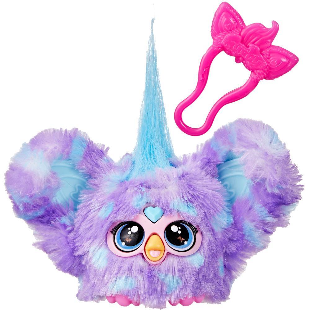 Colorful fluffy toy with a pink bow on a white background