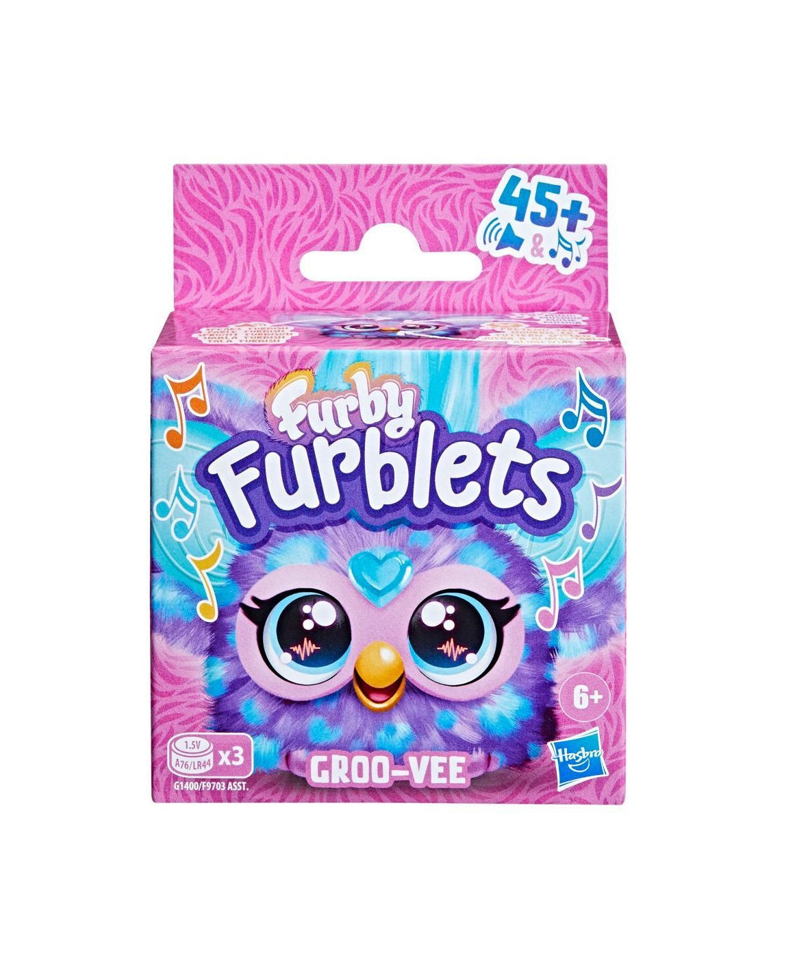 Furby Furblets toy packaging with pink and purple design on a white background