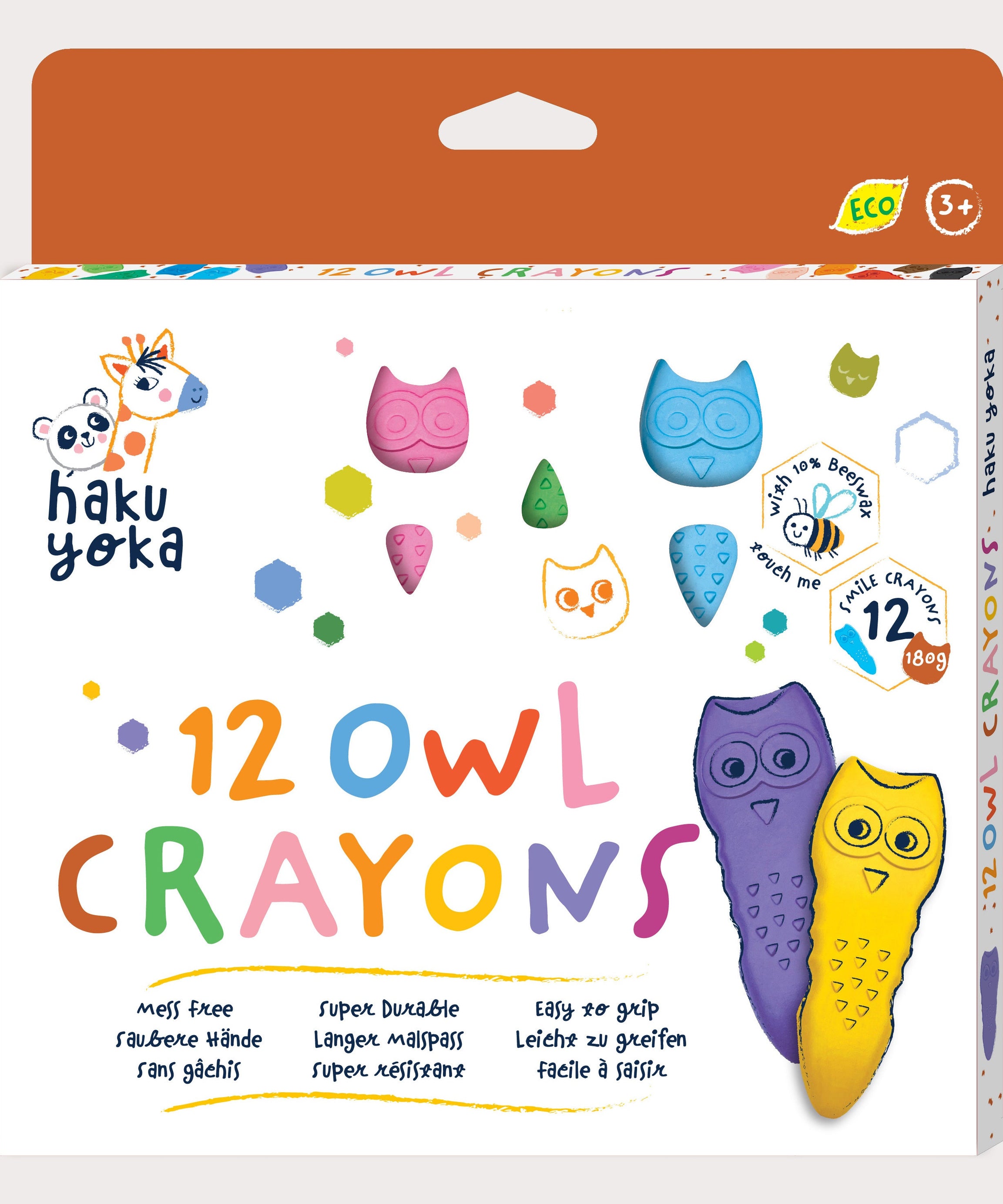 Avenir Haku Yoka 12 Mess-Free Durable Crayons for Toddlers | Easy-Grip Eco-Friendly Crayons with Smile & Owl Designs | Ages 2+