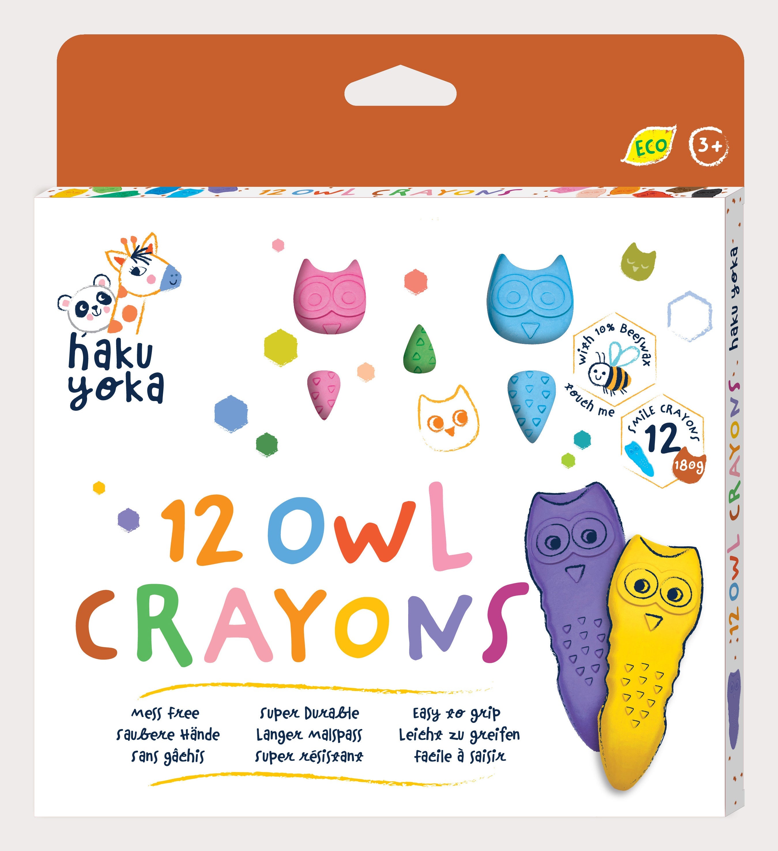 Avenir Haku Yoka 12 Mess-Free Durable Crayons for Toddlers | Easy-Grip Eco-Friendly Crayons with Smile & Owl Designs | Ages 2+