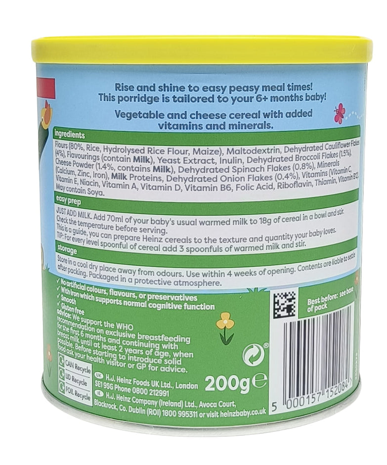 Heinz Cauliflower, Broccoli & Cheese Multigrain Porridge for 6+ Month Babies – 200g | Iron-Rich Cereal with Vegetables & No Added Preservatives | Smooth Texture Ideal for Weaning