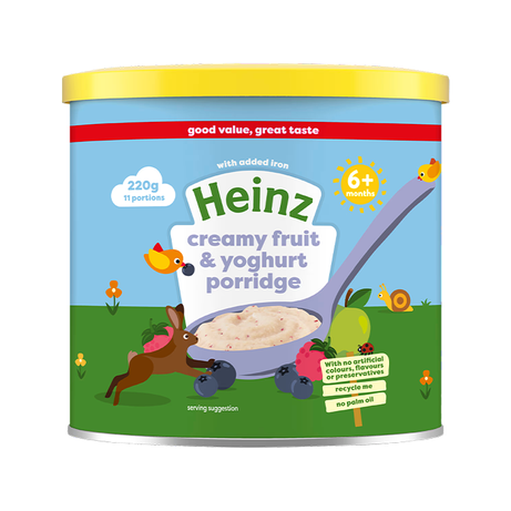 Heinz Creamy Fruit & Yogurt Porridge | 220g | 11 Portions | 6+ Months | No Added Sugar | Iron, Calcium & Vitamin C for Baby’s Growth