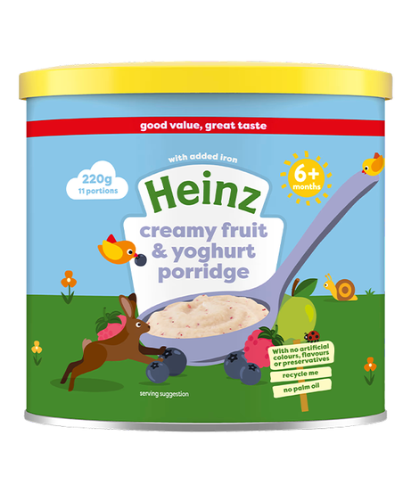 Heinz Creamy Fruit & Yogurt Porridge | 220g | 11 Portions | 6+ Months | No Added Sugar | Iron, Calcium & Vitamin C for Baby’s Growth
