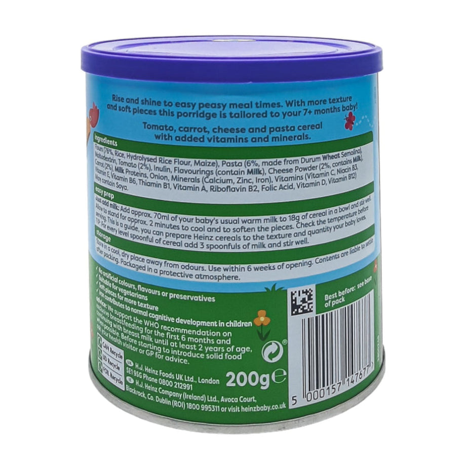 Heinz Veggie Pasta with Cheese Porridge for 7+ Months – Iron-Fortified Cereal with Tomato, Carrot & Cheese – 200g Tin | No Palm Oil, No Artificial Preservatives | Easy-to-Prepare Baby Meal