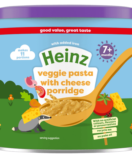 Heinz Veggie Pasta with Cheese Porridge for 7+ Months – Iron-Fortified Cereal with Tomato, Carrot & Cheese – 200g Tin | No Palm Oil, No Artificial Preservatives | Easy-to-Prepare Baby Meal - MINIMEE KIDS