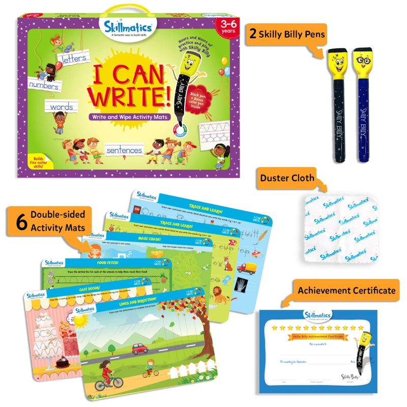 Skillmatics I Can Write: Write & Wipe Reusable Activity Mats for Kids Ages 3-6 | Fun Learning with 12 Engaging Activities to Enhance Writing Skills, Creativity, and Confidence