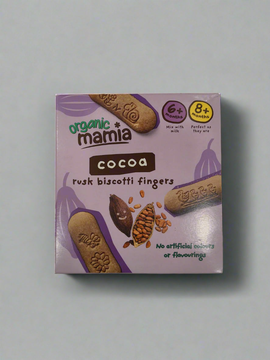 Organic Mamia Cocoa Rusk Biscotti Fingers for Babies 6+ Months & 8+ Months - 100g | Organic Teething Snack | No Artificial Colours or Flavourings | Perfect First Finger Food