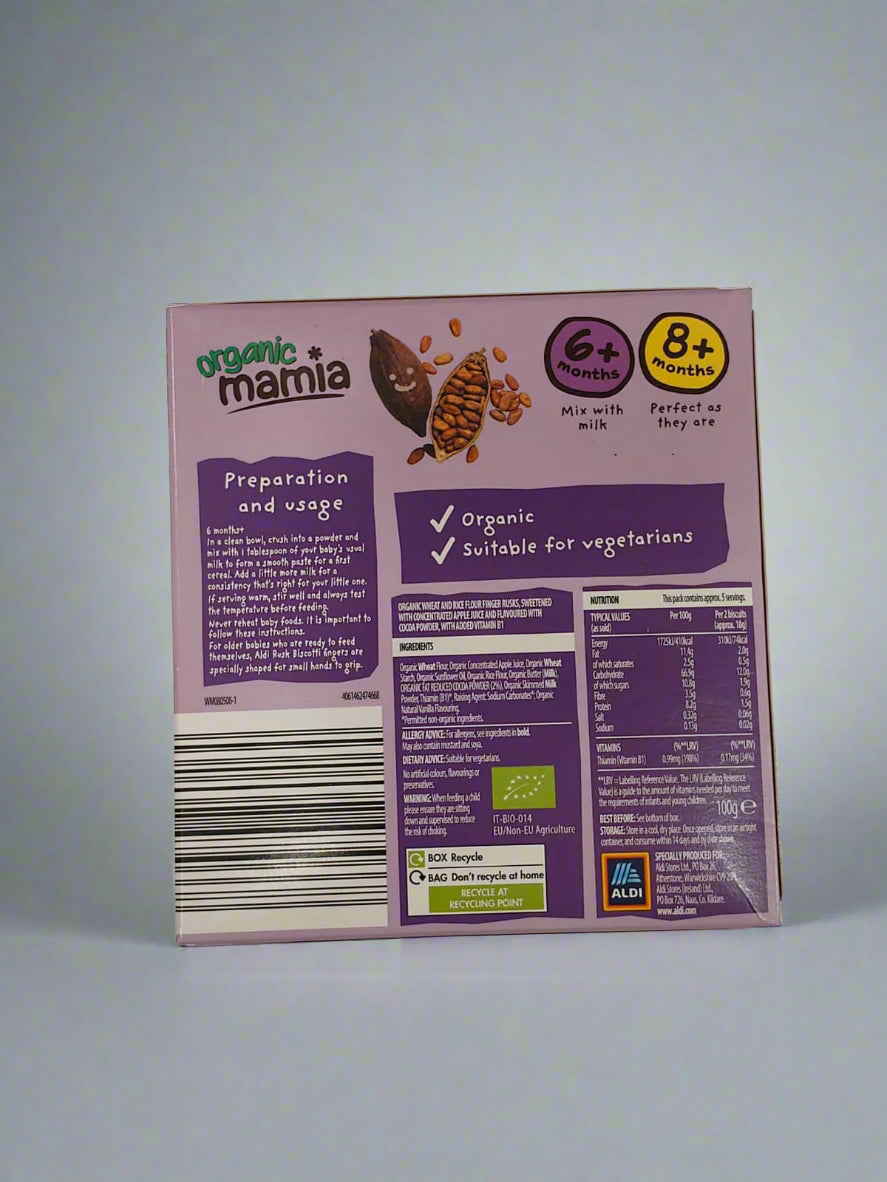 Organic Mamia Cocoa Rusk Biscotti Fingers for Babies 6+ Months & 8+ Months - 100g | Organic Teething Snack | No Artificial Colours or Flavourings | Perfect First Finger Food
