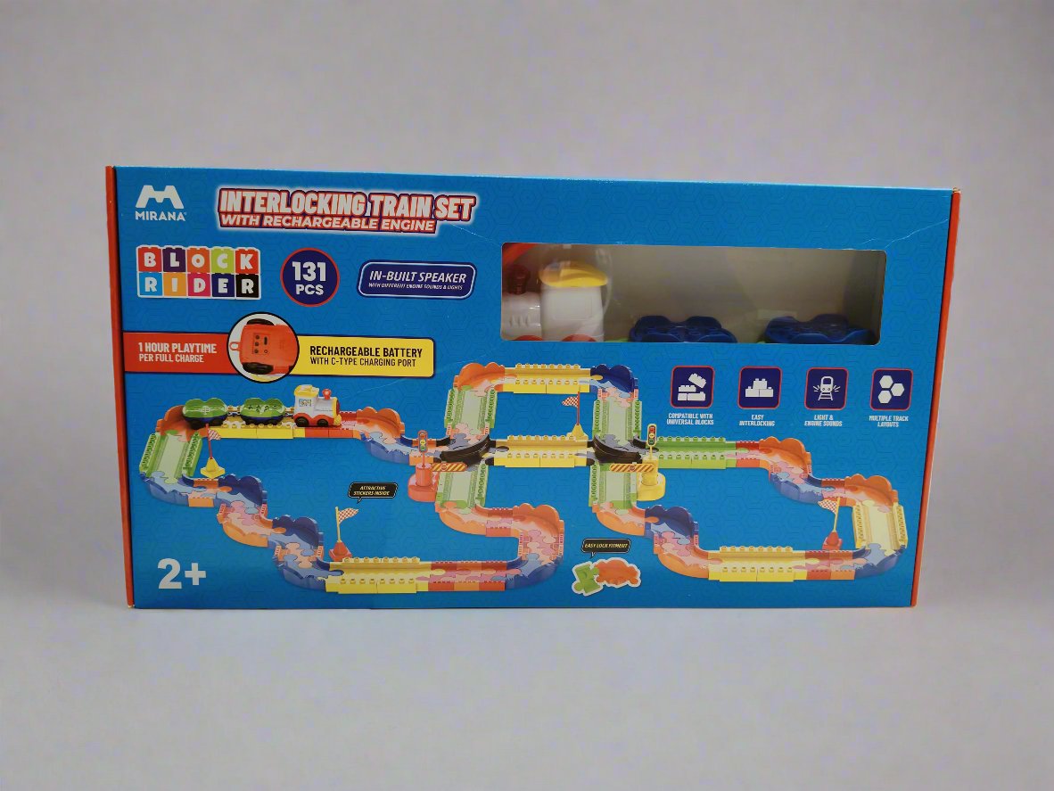 Mirana Block Rider Toy Train Set | 82-Piece with Multiple Journey Modes, Sounds & Announcements | 10+ Track Layouts | Fits Major Brands