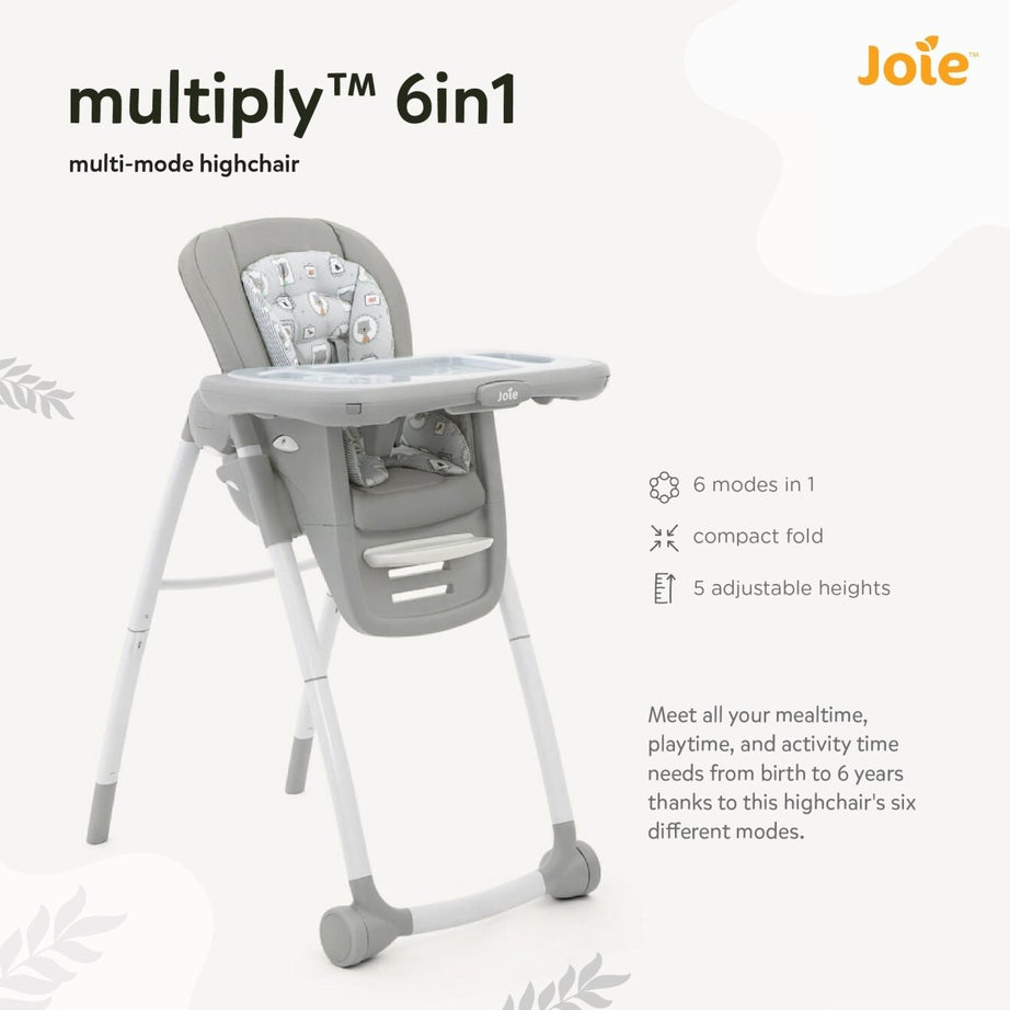 Joie Multiply 6-in-1 Convertible Highchair | Baby to Toddler Booster & Play Table | Adjustable Height & Recline | 6m-6y - Portrait Grey