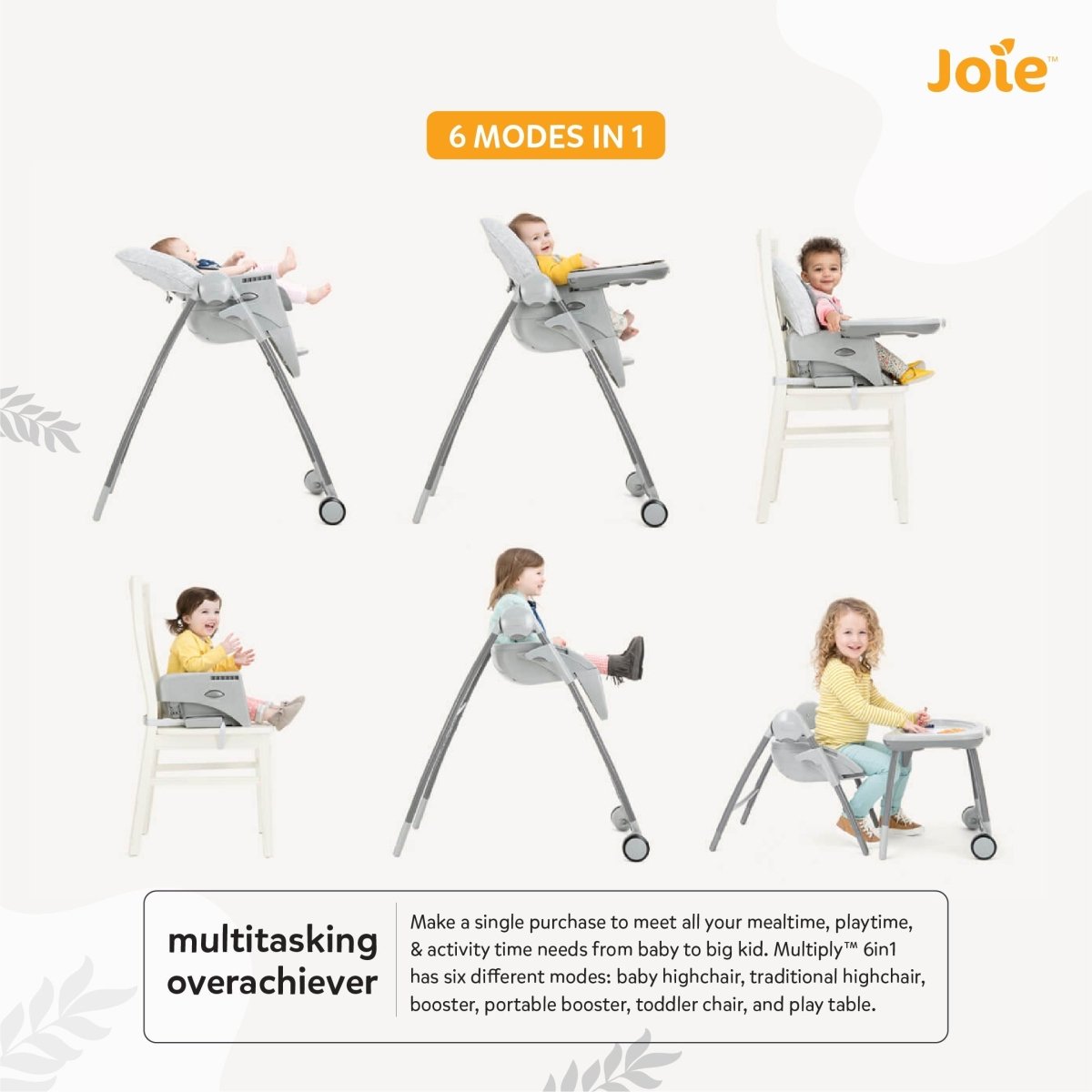 Joie Multiply 6-in-1 Convertible Highchair | Baby to Toddler Booster & Play Table | Adjustable Height & Recline | 6m-6y - Portrait Grey