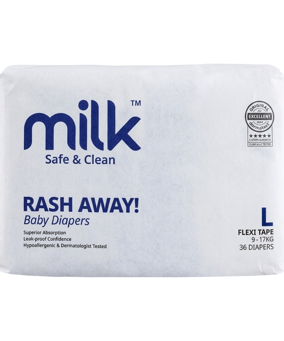 Milk Rash Away Baby Diapers | Large (L) Size Flexi Tape | 36 Count | 9-17kg | Superior Absorption, Leak-Proof, Hypoallergenic & Dermatologist Tested