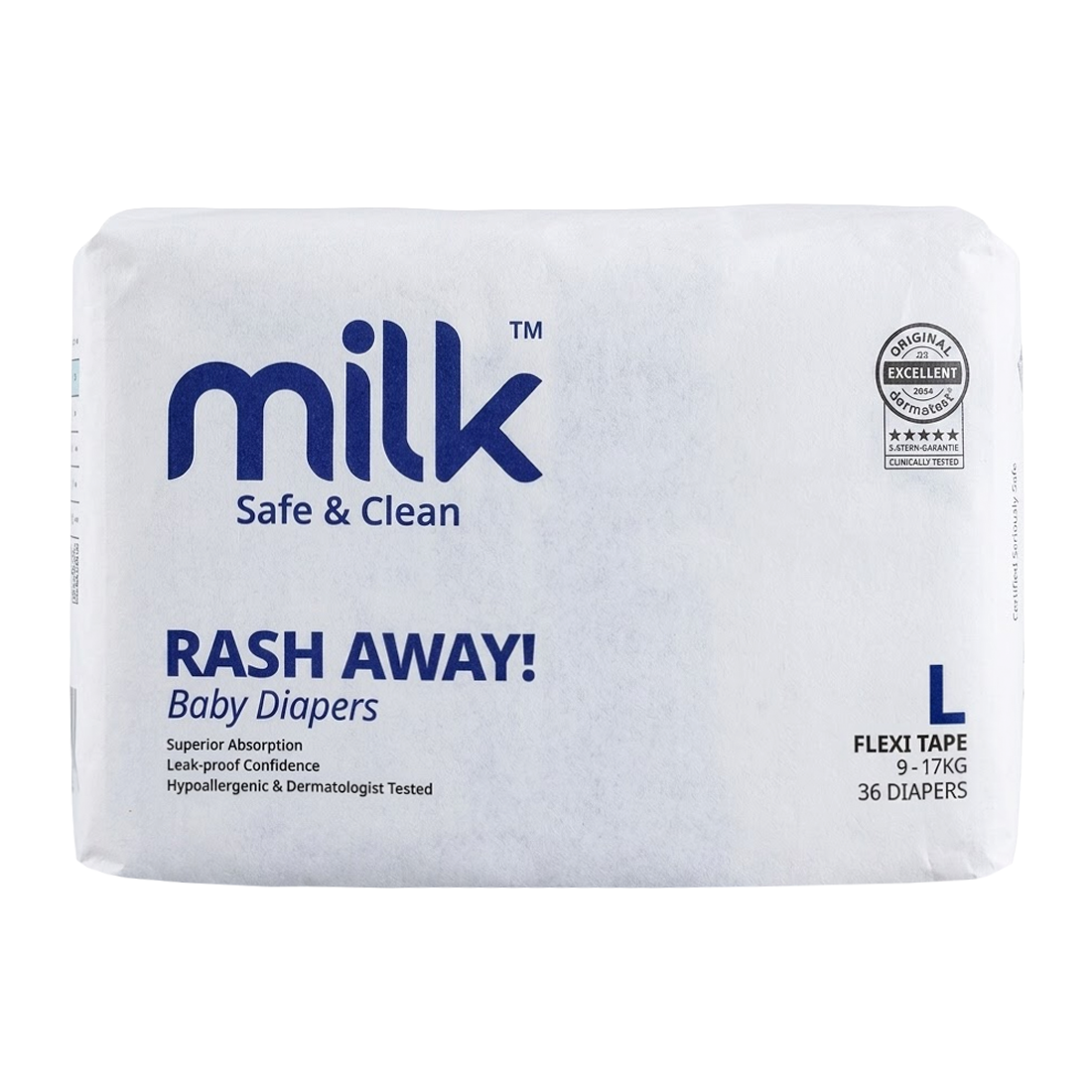 Milk Rash Away Baby Diapers | Large (L) Size Flexi Tape | 36 Count | 9-17kg | Superior Absorption, Leak-Proof, Hypoallergenic & Dermatologist Tested