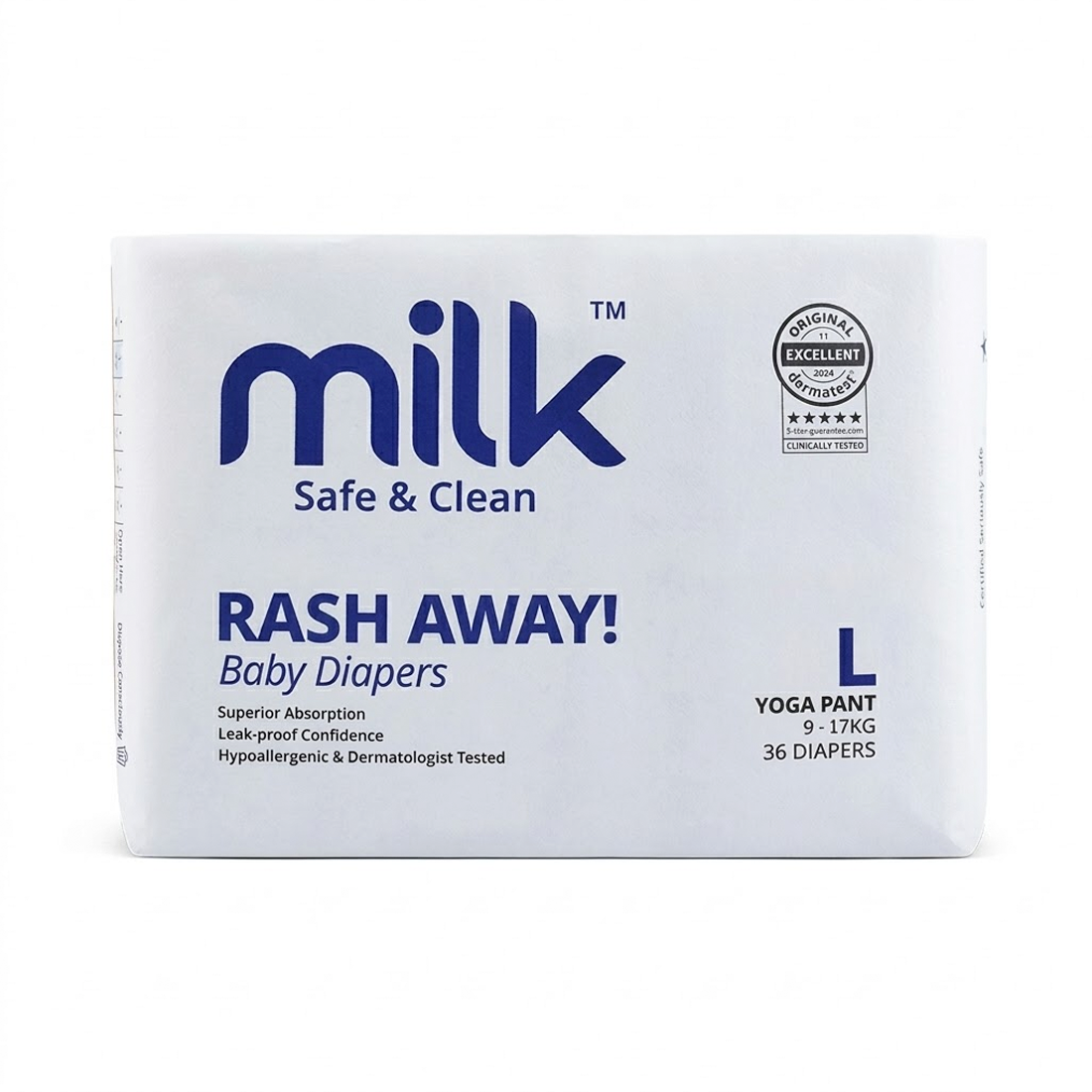 Milk Rash Away Baby Diapers | Large (L) Size Yoga Pant Pull-Ups | 36 Count | 9-17kg | Superior Absorption, Leak-Proof & Dermatologist Tested