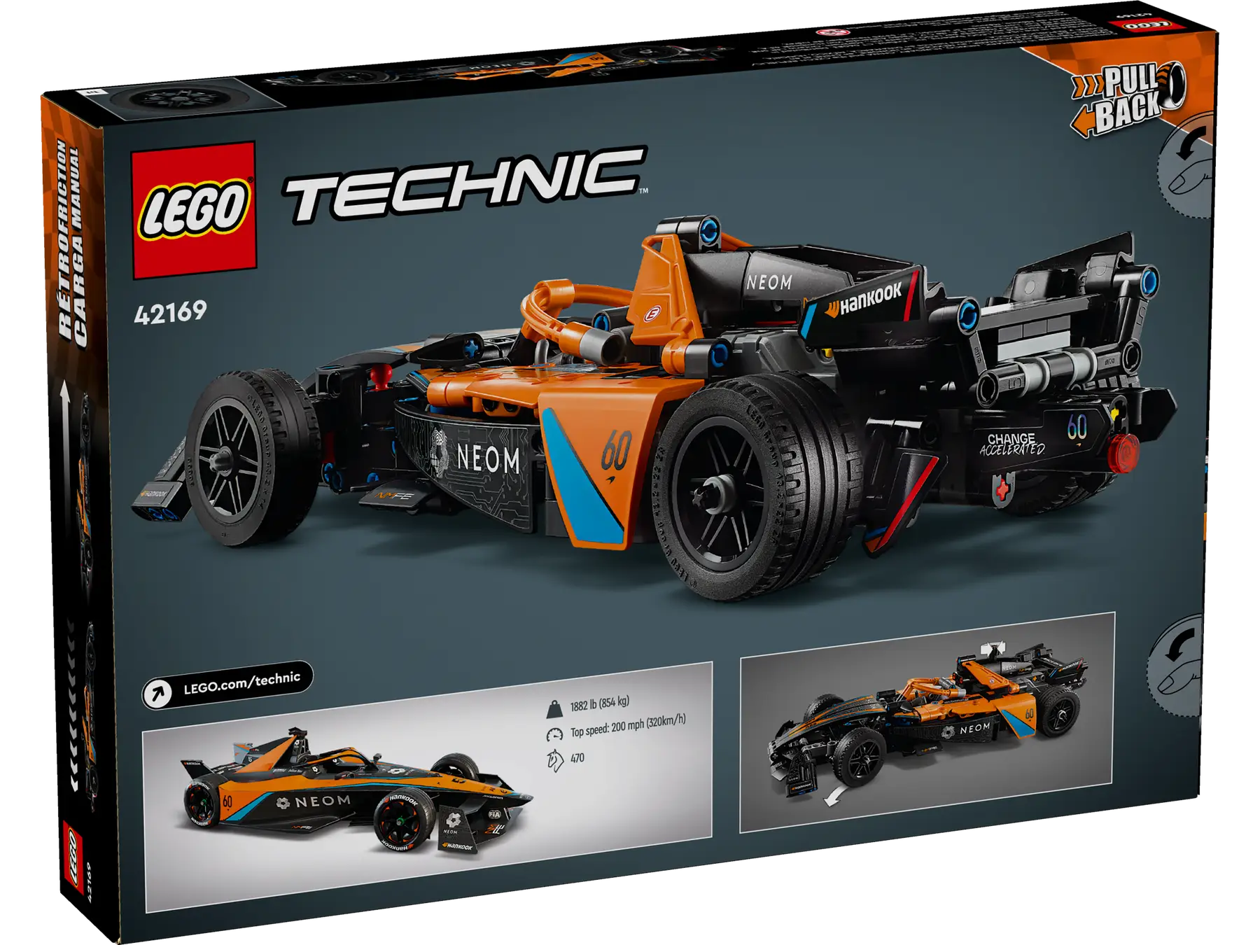 Lego Technic 42169 NEOM McLaren Formula E Team Race Car Toy Set with Double Pull-Back Action and Steering, Authentic Motorsport Engineering Building Kit for Boys and Girls Aged 9 and Up (452 Pieces)