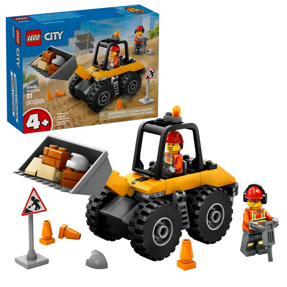 LEGO City Yellow Construction Wheel Loader 60450 – 81 Piece Building Kit for Kids 4+, Easy-Build Digger Toy with Minifigures, Realistic Wheels & Accessories, STEM Gift