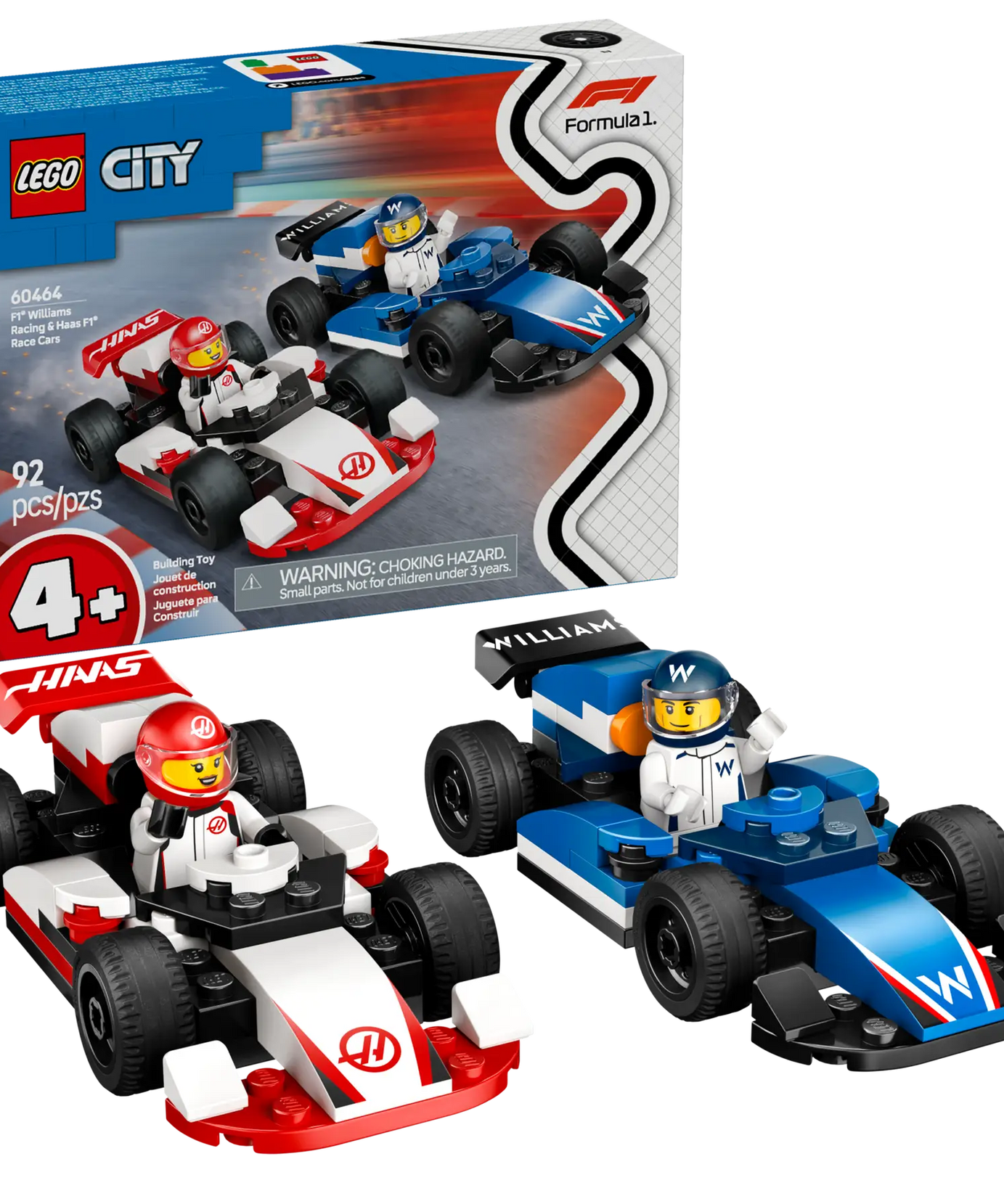 LEGO City 60464 Williams Racing & Haas F1 Team Race Cars, 2-in-1 Toy Building Set with Starter Bricks, 2 Minifigures, and Accessories for Kids Aged 4 and Up (92 Pieces)
