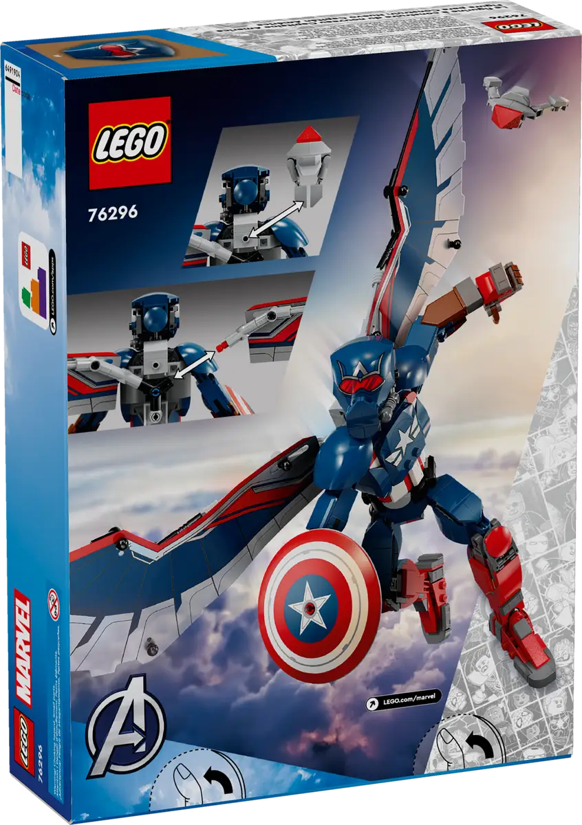 LEGO Marvel 76296 New Captain America Construction Figure, Fully Posable Superhero Action Figure with Iconic Shield, Detachable Redwing Drone, and Buildable Wings, Toy for Kids Aged 8+ (359 Pieces)