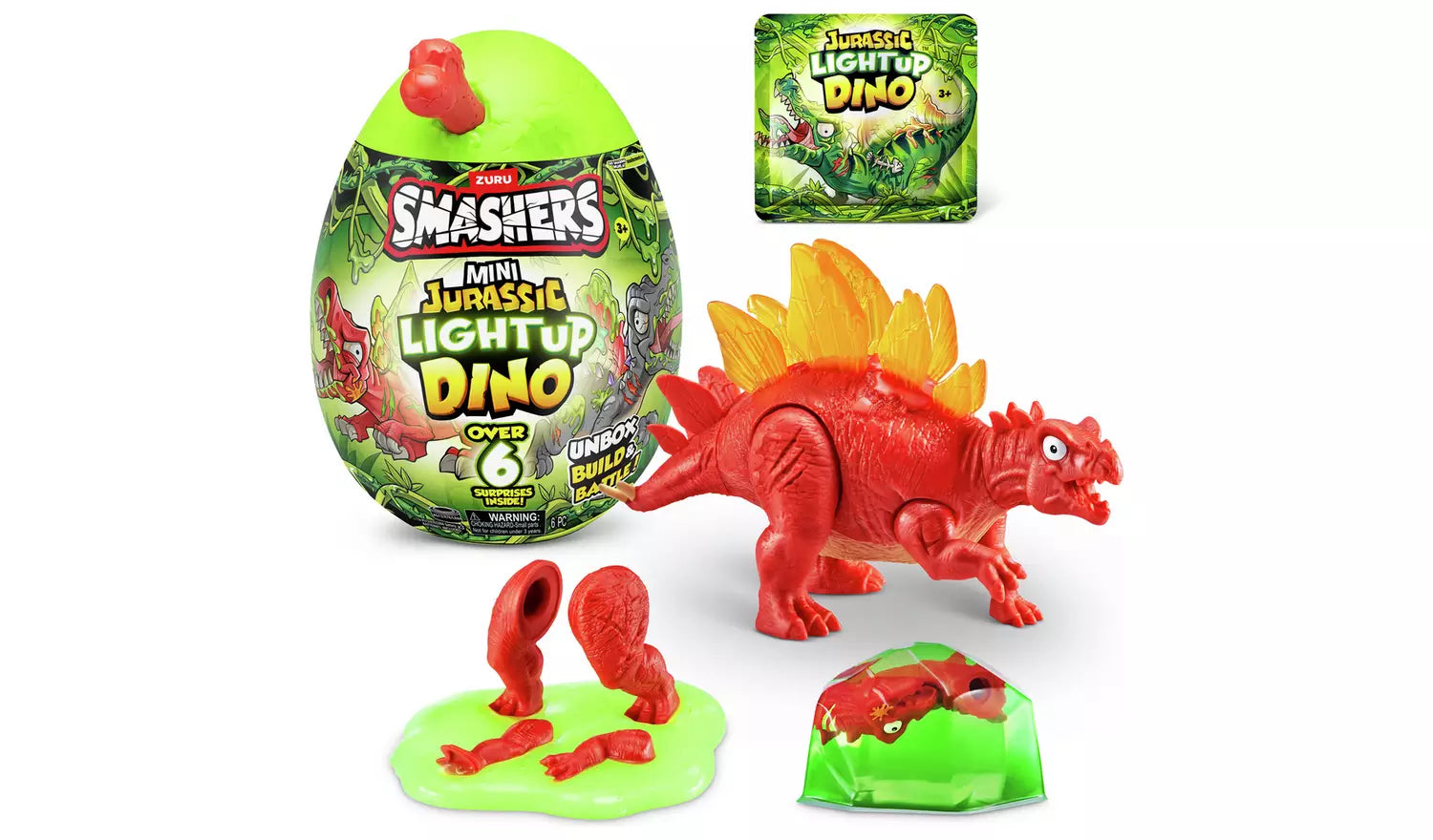 Zuru Smashers Mini Jurassic Light Up Dino - Over 6 Surprises, Unbox, Build & Battle Dino Fun for Kids 5+
