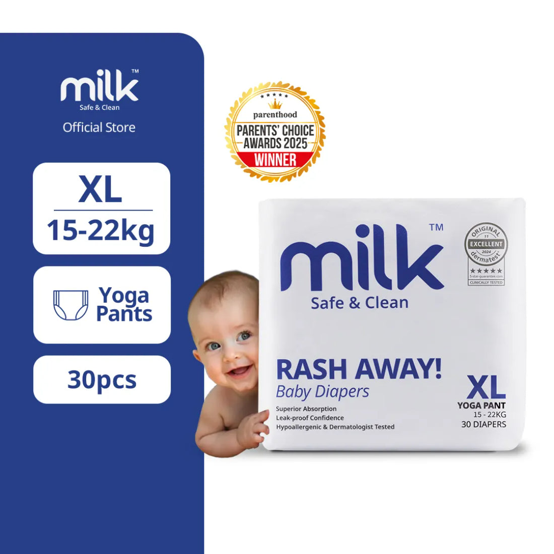 Milk Rash Away Baby Diapers | Extra Large (XL) Size Yoga Pant Pull-Ups | 30 Count | 15-22kg | Superior Absorption & Leak-Proof