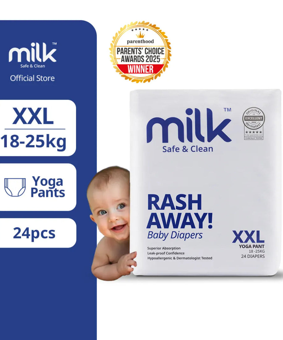 Milk Rash Away Baby Diapers | XXL Size Yoga Pant Pull-Ups | 24 Count | 18-25kg | Superior Absorption, Leak-Proof & Dermatologist Tested