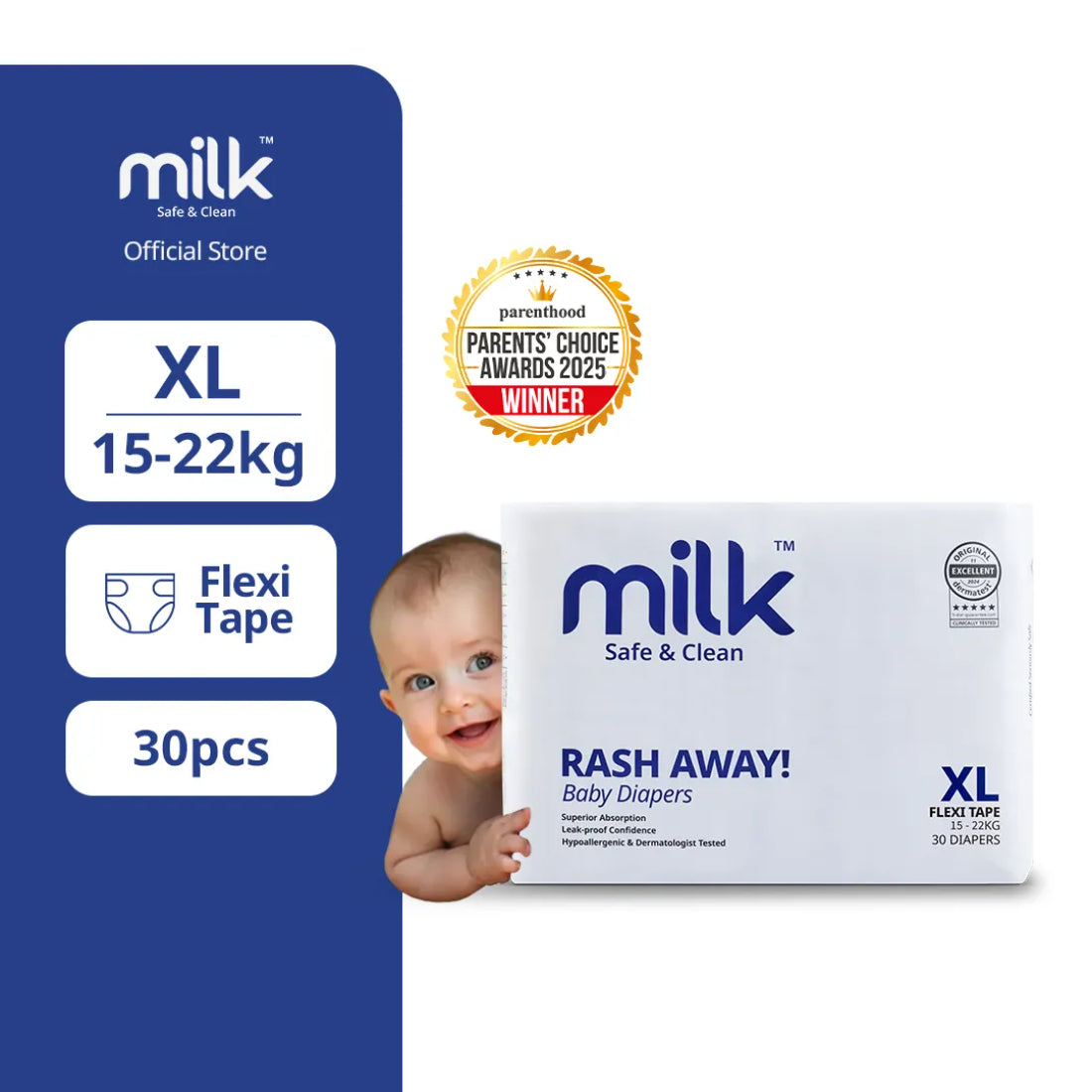 Milk Rash Away Baby Diapers | Extra Large (XL) Size Flexi Tape | 30 Count | 15-22kg | Superior Absorption, Leak-Proof & Dermatologist Tested