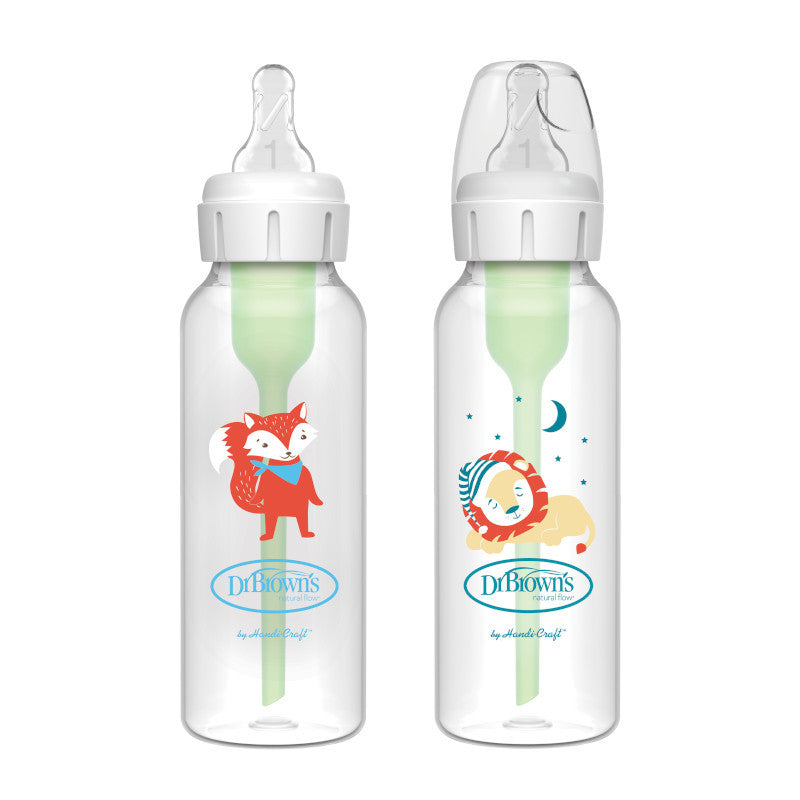 Dr Brown's Anti-Colic Options+ Baby Bottle | Narrow Neck 250ml Twin Pack with Lion & Fox Design | Clinically Proven Vent System | BPA-Free Baby Feeding Bottles from Birth