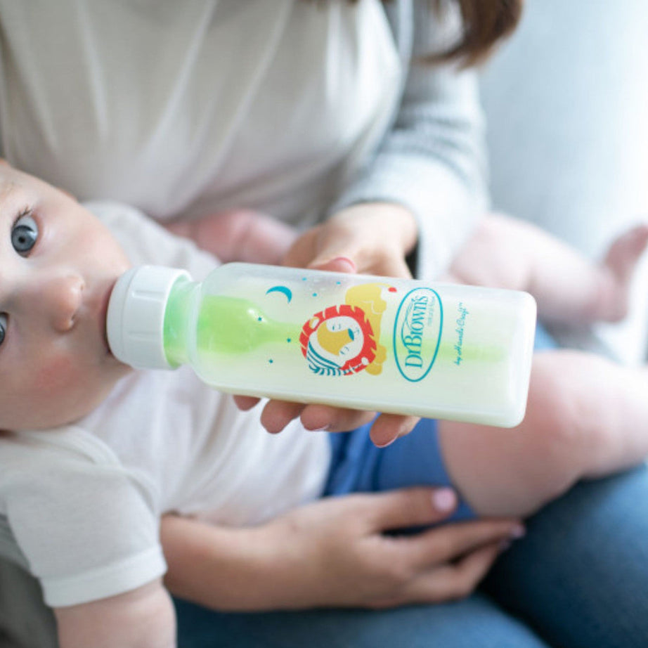 Dr Brown's Anti-Colic Options+ Baby Bottle | Narrow Neck 250ml Twin Pack with Lion & Fox Design | Clinically Proven Vent System | BPA-Free Baby Feeding Bottles from Birth