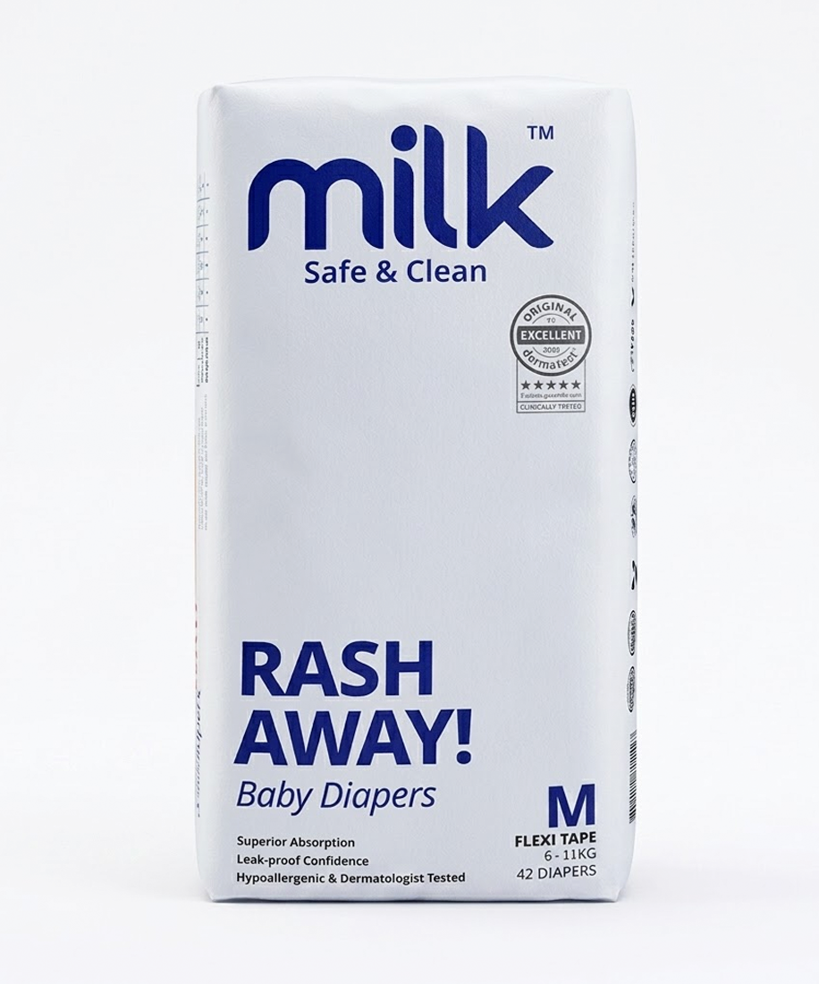 Milk Safe & Clean Baby Diapers Medium (M) Size-3 Flexi Tape 42pcs | RashDefense™ Leak-Proof, Dermatologist Tested, 6-11kg Comfort