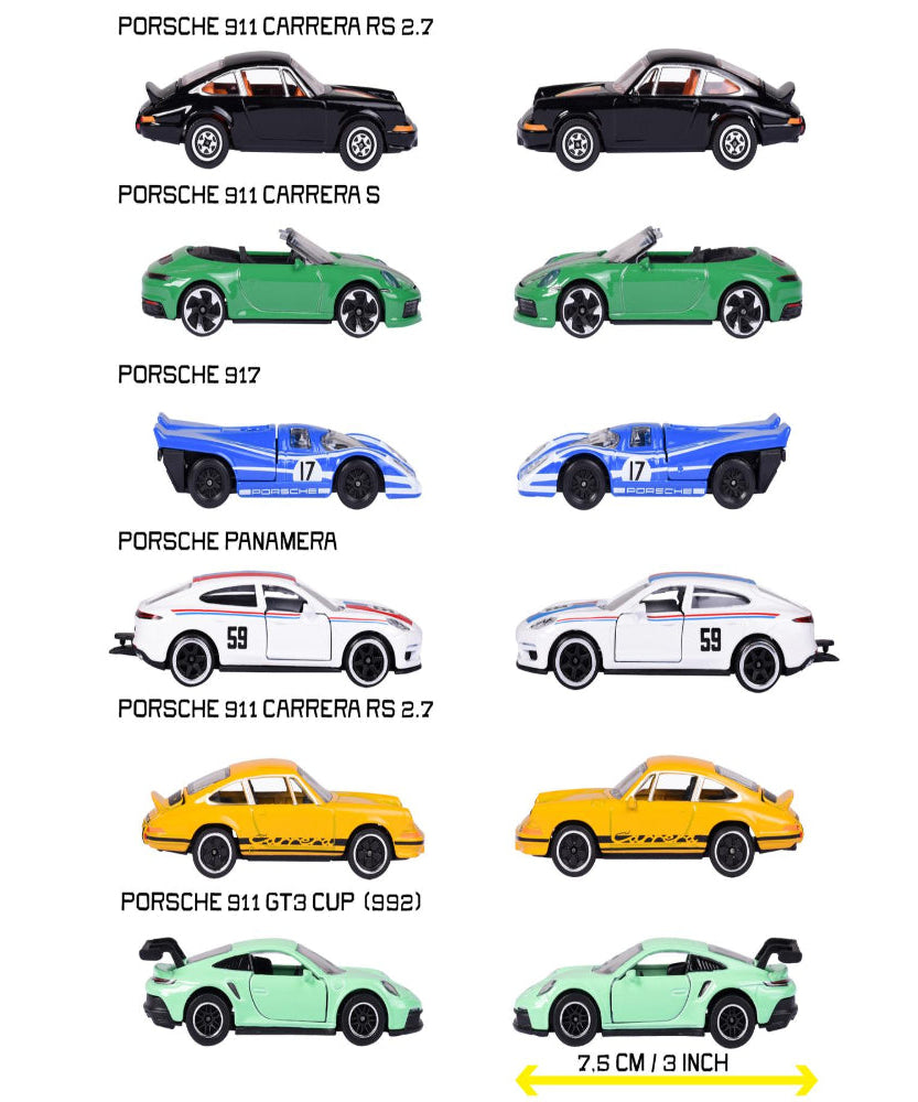 Majorette Porsche Premium Cars 6-Assortment Die-Cast Vehicle Collection | Panamera, Porsche 917, Porsche 911 Carrera RS 2.7, Porsche 911 Carrera S & GT3 Cup (992) | Metal Cars with Moving Parts | 1:64 Scale | Ages 3+