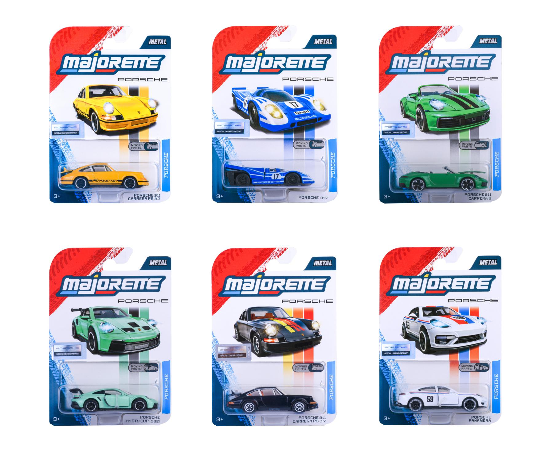Majorette Porsche Premium Cars 6-Assortment Die-Cast Vehicle Collection | Panamera, Porsche 917, Porsche 911 Carrera RS 2.7, Porsche 911 Carrera S & GT3 Cup (992) | Metal Cars with Moving Parts | 1:64 Scale | Ages 3+