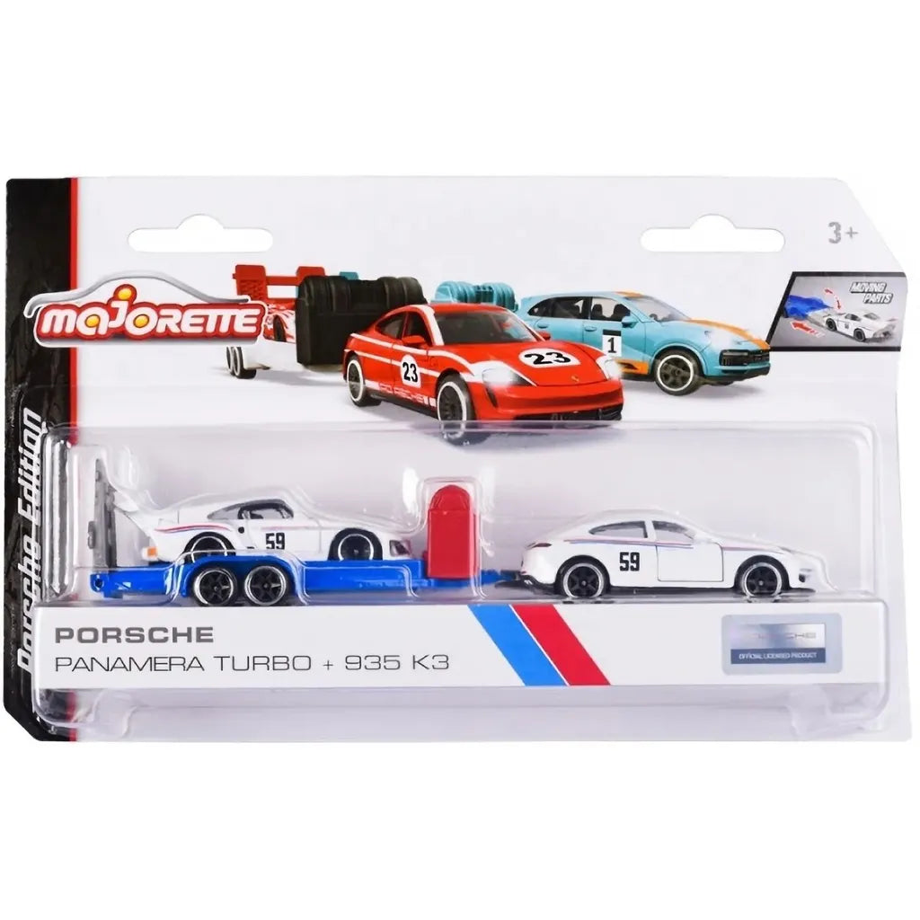 Majorette Porsche Race Trailer Set – Officially Licensed 1:64 Scale Die-Cast Toy Cars with Trailer | Porsche Cayenne, Panamera, Taycan with Matching Race Cars | Metal Body & Opening Parts | Ages 3+