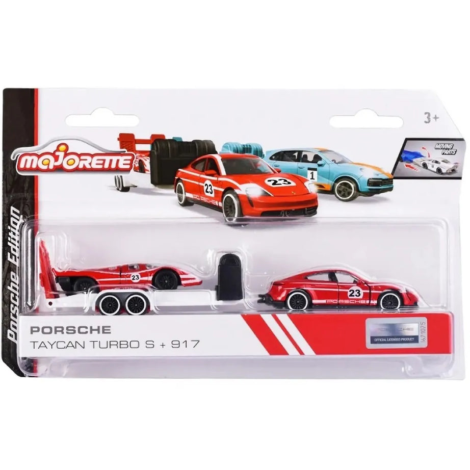 Majorette Porsche Race Trailer Set – Officially Licensed 1:64 Scale Die-Cast Toy Cars with Trailer | Porsche Cayenne, Panamera, Taycan with Matching Race Cars | Metal Body & Opening Parts | Ages 3+