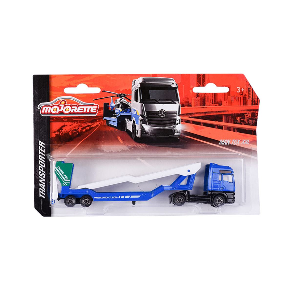 Majorette Transporter Series – Mercedes-Benz Actros & MAN TGX XXL Die-Cast Truck with Speedboat, Police Helicopter, Spacefleet, Tractor, Aeroplane & More | 3+ Years