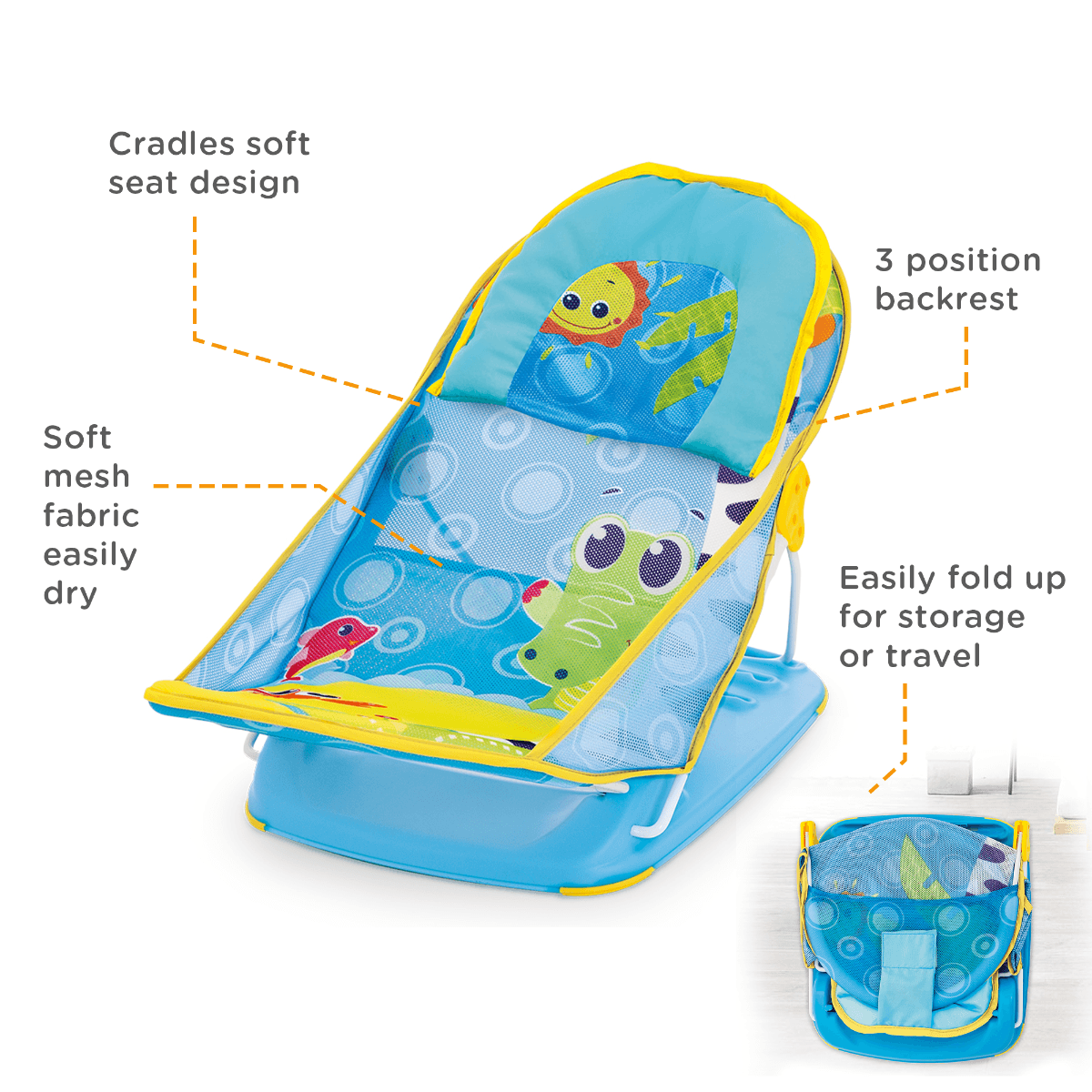 Mastela Mother’s Touch Deluxe Baby Bather | 3-Position Adjustable Recline with Head Support Cushion | Quick-Dry Soft Mesh Sling for Newborns (Birth+) | Foldable & Portable Bath Seat - MINIMEE KIDS