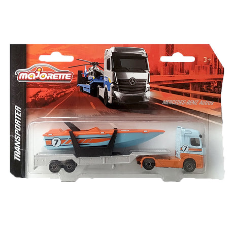 Majorette Transporter Series – Mercedes-Benz Actros & MAN TGX XXL Die-Cast Truck with Speedboat, Police Helicopter, Spacefleet, Tractor, Aeroplane & More | 3+ Years
