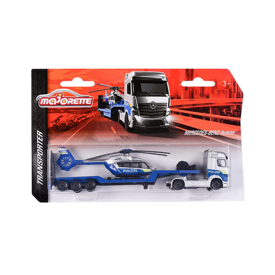 Majorette Transporter Series – Mercedes-Benz Actros & MAN TGX XXL Die-Cast Truck with Speedboat, Police Helicopter, Spacefleet, Tractor, Aeroplane & More | 3+ Years