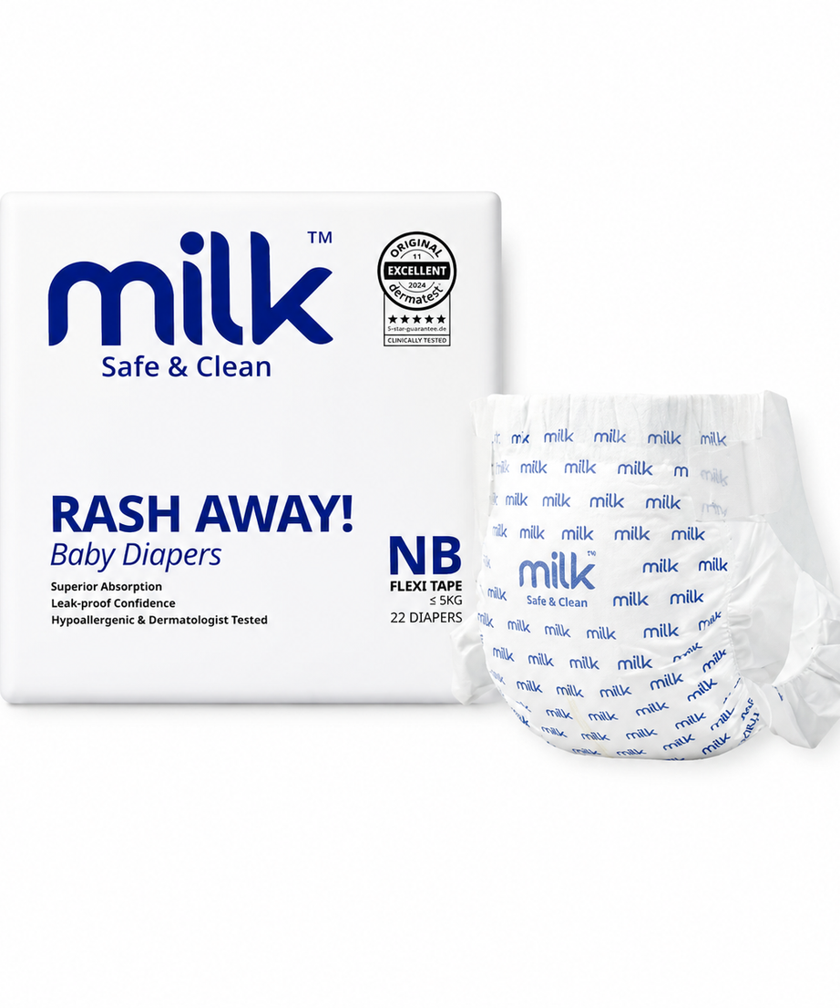 Milk Safe & Clean Baby Diapers NB Size Newborn 22pcs | RashDefense Leak-Proof, Dermatologist Tested, Ultra Absorbent - MINIMEE KIDS