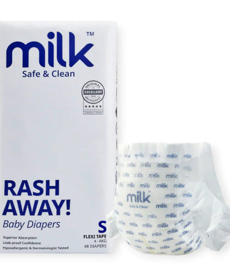 Milk Safe & Clean Baby Diapers Small (S) Size 48pcs | RashDefense™ Leak-Proof, Dermatologist Tested, 12-Hour Dryness - MINIMEE KIDS