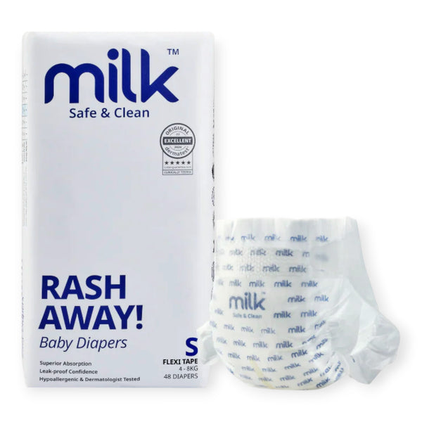 Milk Safe & Clean Baby Diapers Small (S) Size 48pcs | RashDefense™ Leak-Proof, Dermatologist Tested, 12-Hour Dryness - MINIMEE KIDS