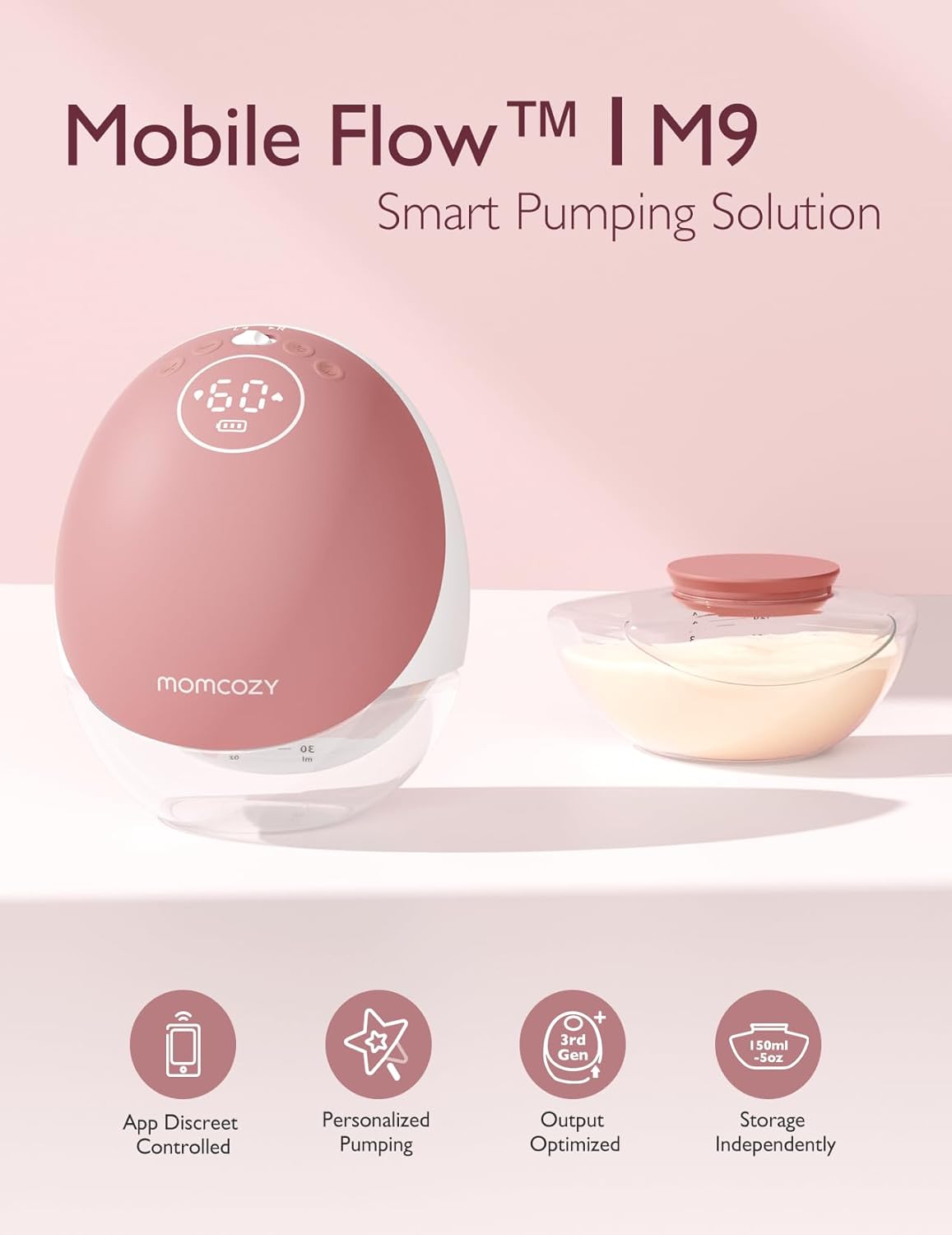 Momcozy Mobile Flow Hands-Free Breast Pump - M9 App Controlled Single Pump | Cozy Red | Portable & Wearable Breastfeeding Solution - MINIMEE KIDS