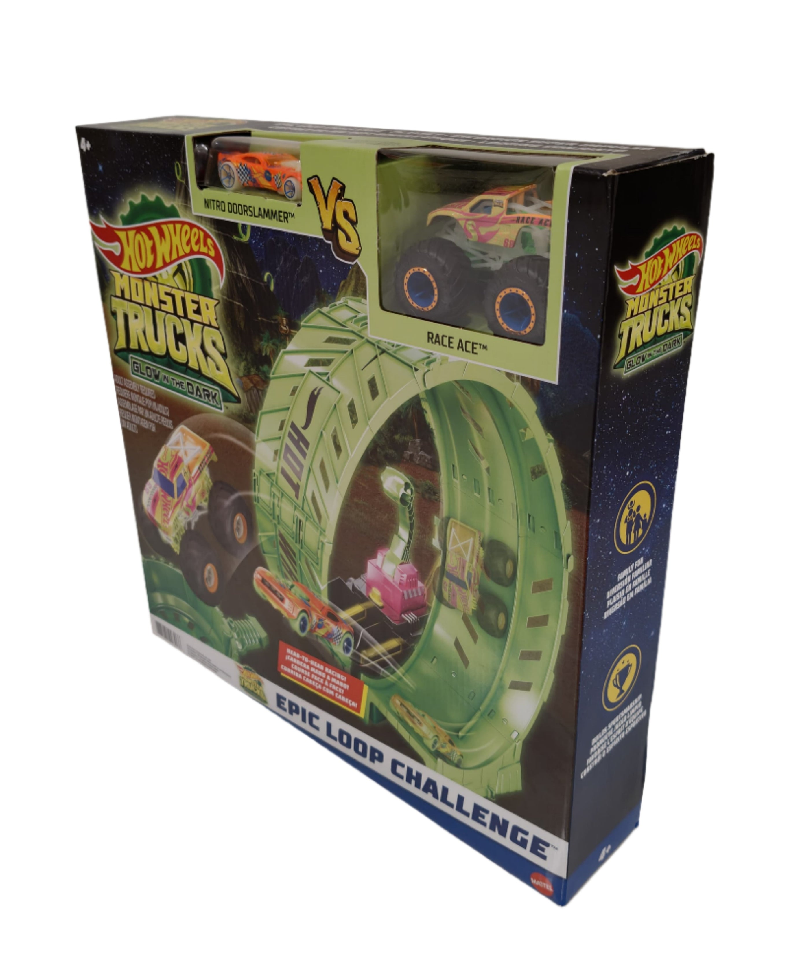 Hot Wheels Monster Trucks Glow in the Dark - Epic Loop Challenge Playset 1 Race car vs 1 monster car Playset with Launcher, Ramp & Giant Loop