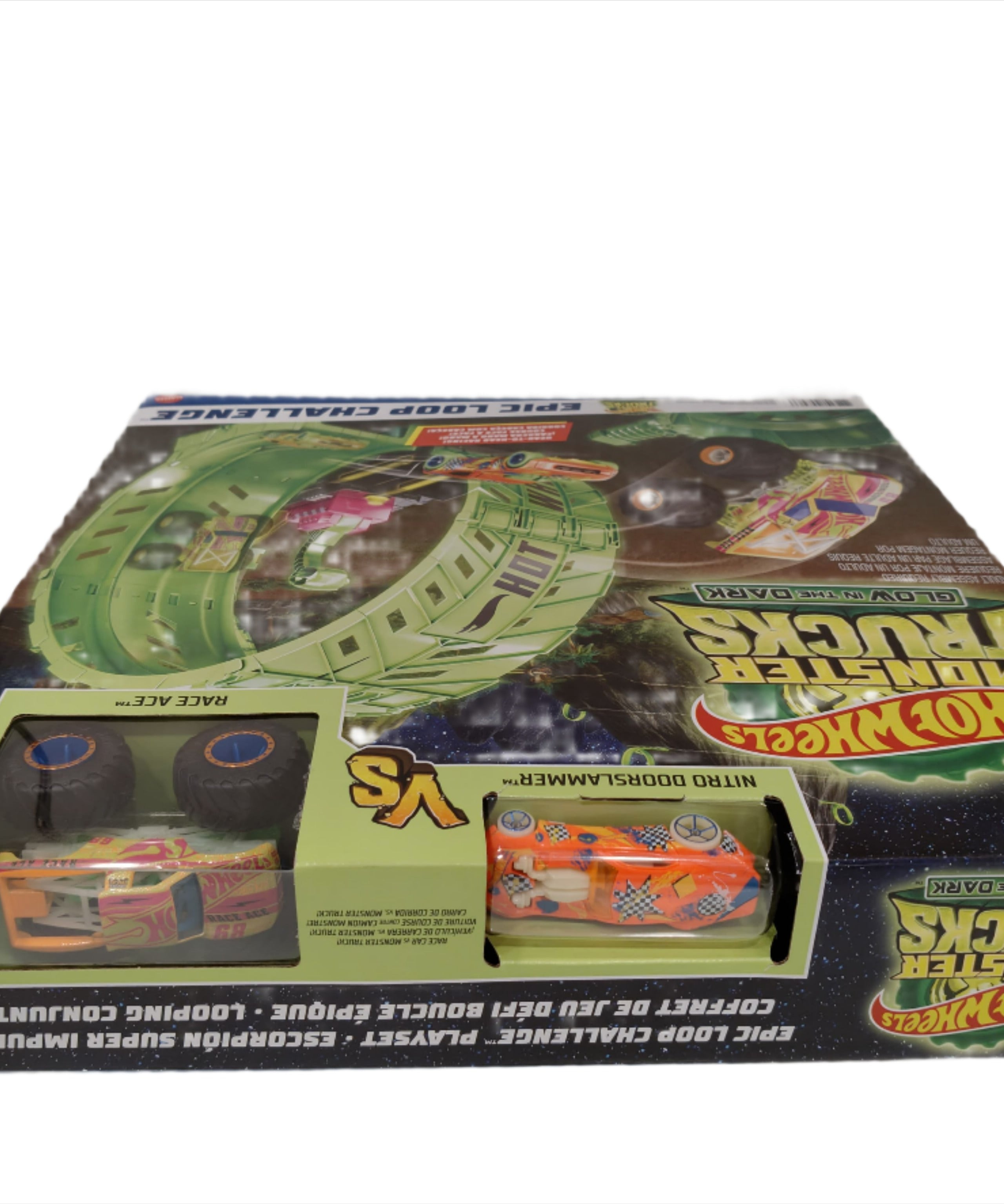 Hot Wheels Monster Trucks Glow in the Dark - Epic Loop Challenge Playset 1 Race car vs 1 monster car Playset with Launcher, Ramp & Giant Loop