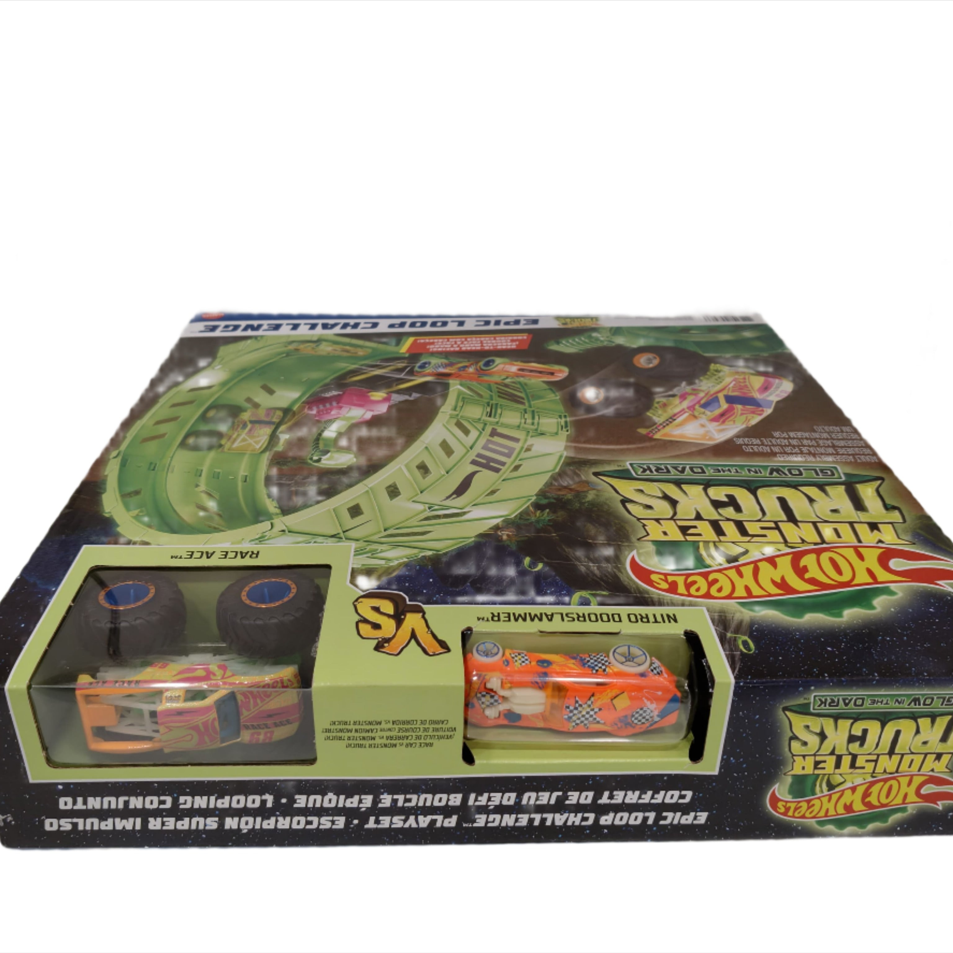 Hot Wheels Monster Trucks Glow in the Dark - Epic Loop Challenge Playset 1 Race car vs 1 monster car Playset with Launcher, Ramp & Giant Loop