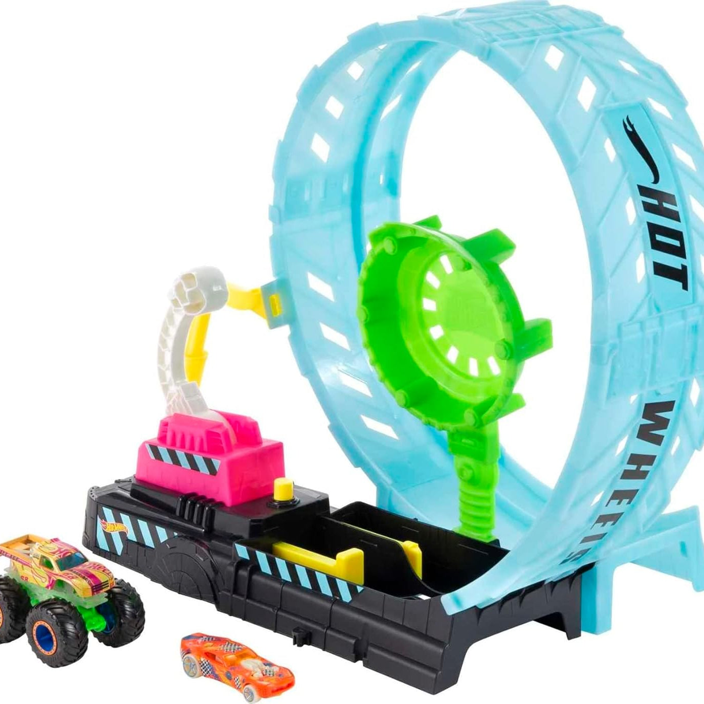 Hot Wheels Monster Trucks Glow in the Dark - Epic Loop Challenge Playset 1 Race car vs 1 monster car Playset with Launcher, Ramp & Giant Loop
