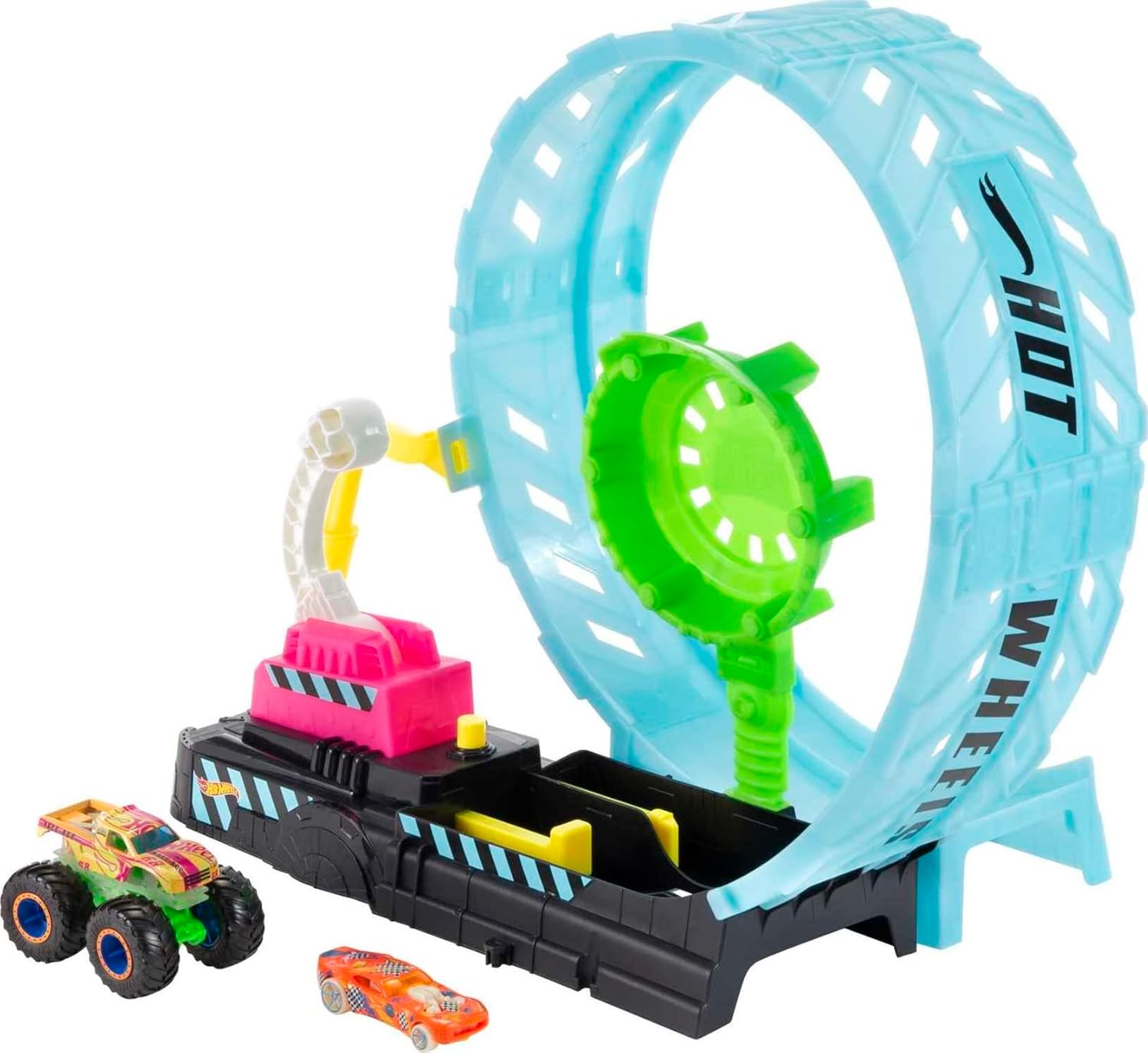 Hot Wheels Monster Trucks Glow in the Dark - Epic Loop Challenge Playset 1 Race car vs 1 monster car Playset with Launcher, Ramp & Giant Loop