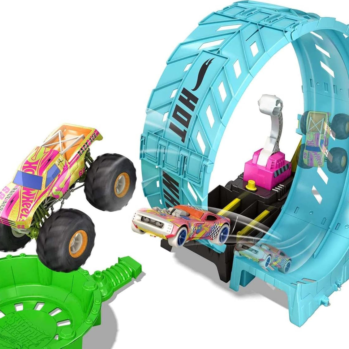 Hot Wheels Monster Trucks Glow in the Dark - Epic Loop Challenge Playset 1 Race car vs 1 monster car Playset with Launcher, Ramp & Giant Loop