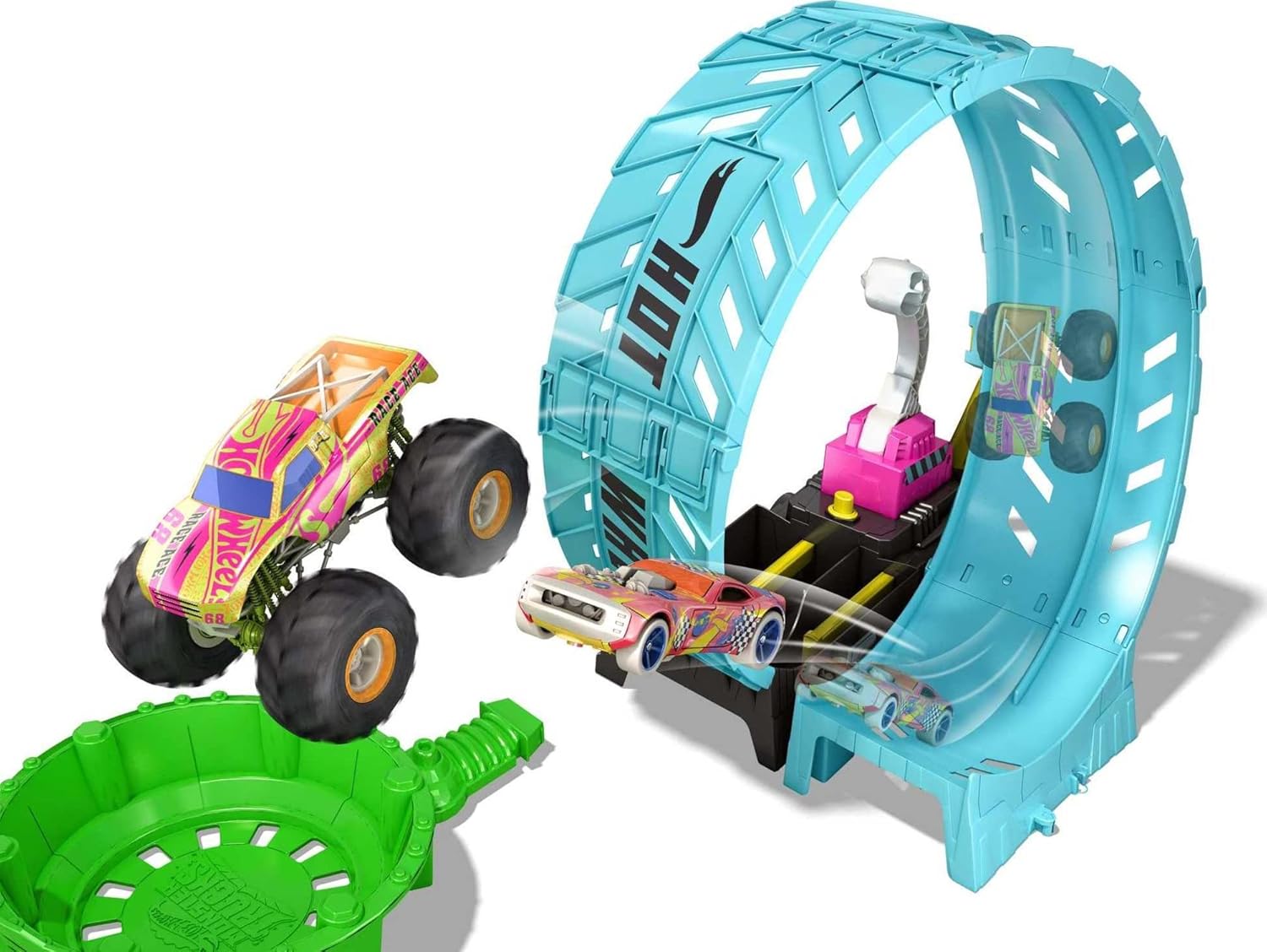 Hot Wheels Monster Trucks Glow in the Dark - Epic Loop Challenge Playset 1 Race car vs 1 monster car Playset with Launcher, Ramp & Giant Loop